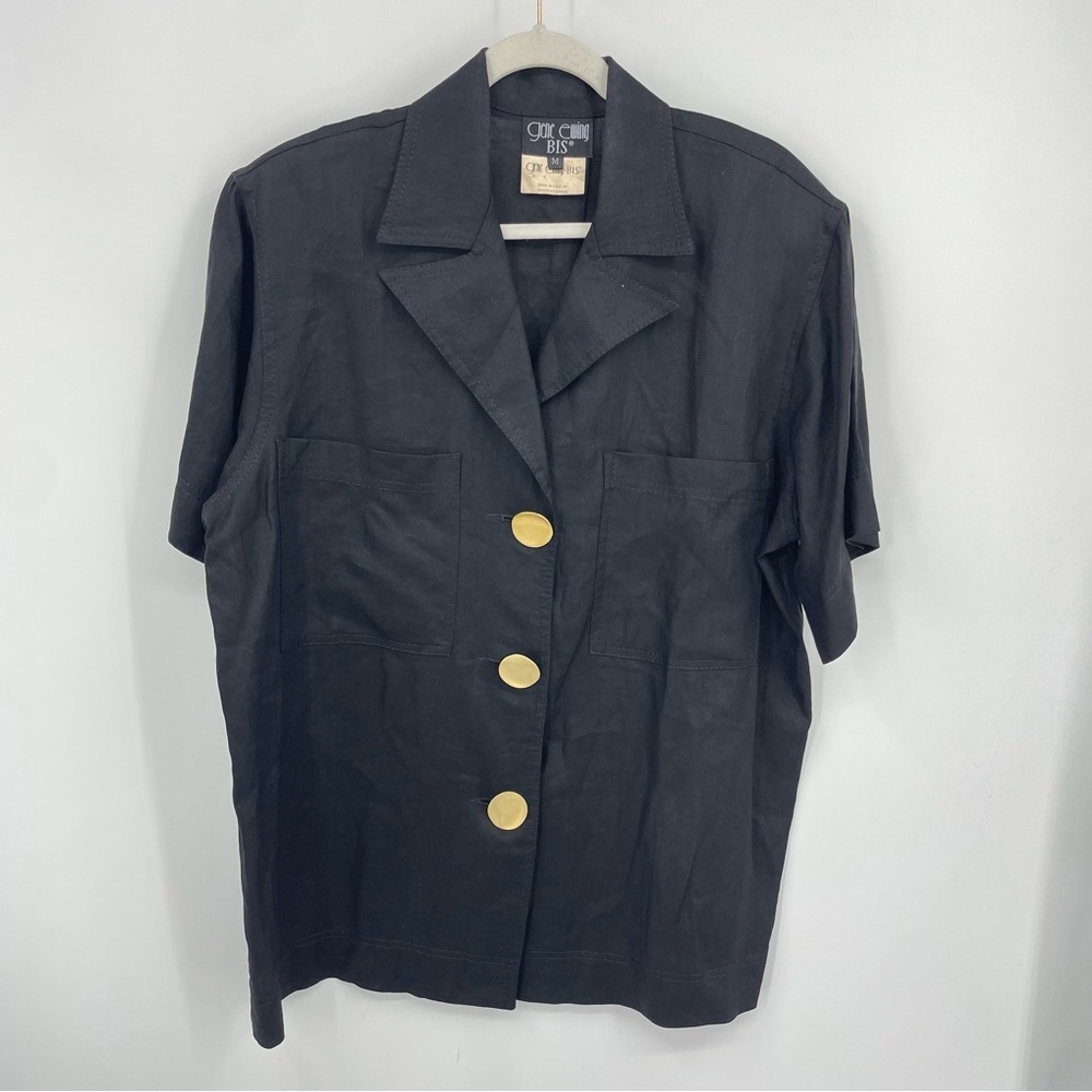 Vintage Gene Ewing BIS Linen shirt Jacket black Sz‎ M big gold buttons